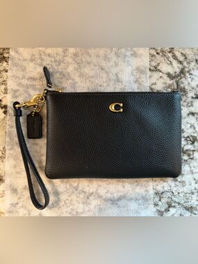 Coach Black Pebbled Leather Zip Wristlet with Gold Hardware